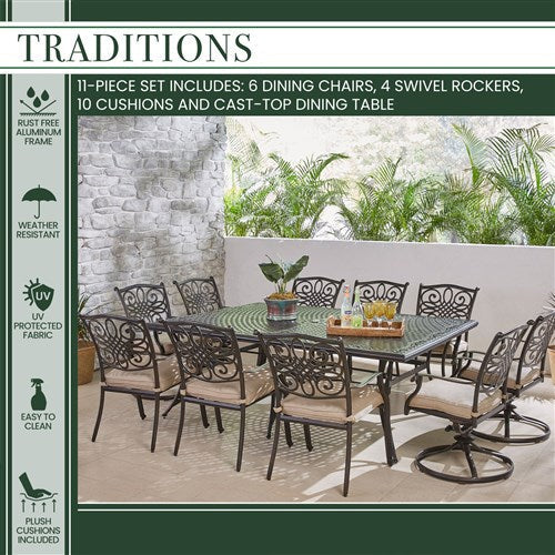 Hanover - Traditions 11pc: 6 Dining Chairs, 4 Swivel Rockers, 60x84" Cast Table - Tan/Cast-United Backyard