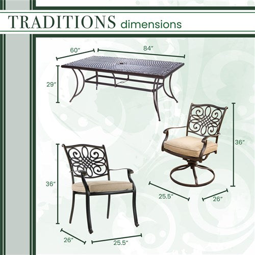 Hanover - Traditions 11pc: 6 Dining Chairs, 4 Swivel Rockers, 60x84" Cast Table - Tan/Cast-United Backyard