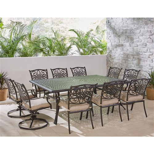 Hanover - Traditions 11pc: 6 Dining Chairs, 4 Swivel Rockers, 60x84" Cast Table - Tan/Cast-United Backyard