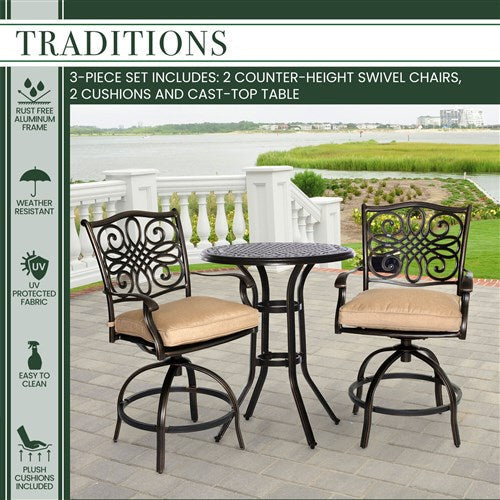 Hanover - Traditions 3pc: 2 Counter Height Swivel Chairs, 30" Round Cast Table-United Backyard