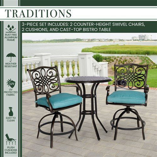 Hanover - Traditions 3pc: 2 Counter Height Swivel Chairs, 30" Round Cast Table-United Backyard