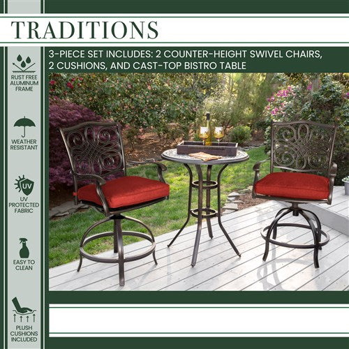 Hanover - Traditions 3pc: 2 Counter Height Swivel Chairs, 30" Round Cast Table-United Backyard