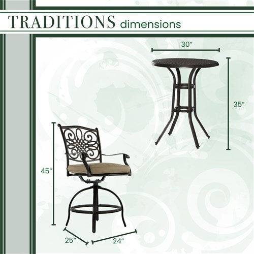 Hanover - Traditions 3pc: 2 Counter Height Swivel Chairs, 30" Round Cast Table-United Backyard