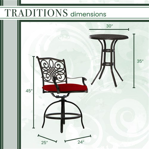 Hanover - Traditions 3pc: 2 Counter Height Swivel Chairs, 30" Round Cast Table-United Backyard