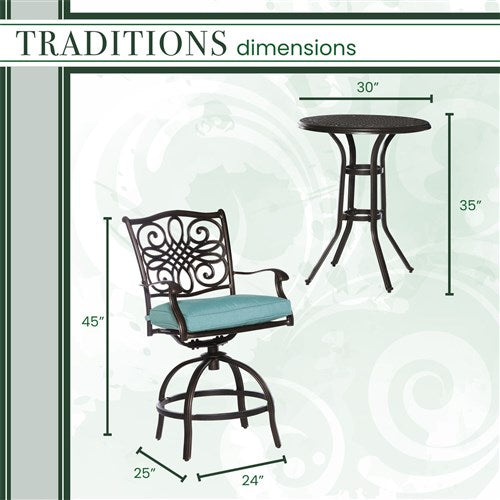 Hanover - Traditions 3pc: 2 Counter Height Swivel Chairs, 30" Round Cast Table-United Backyard