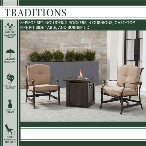 Hanover - Traditions 3pc: 2 Deep Seating Rockers and 26" Square Fire Pit - Tan/Bronze-United Backyard