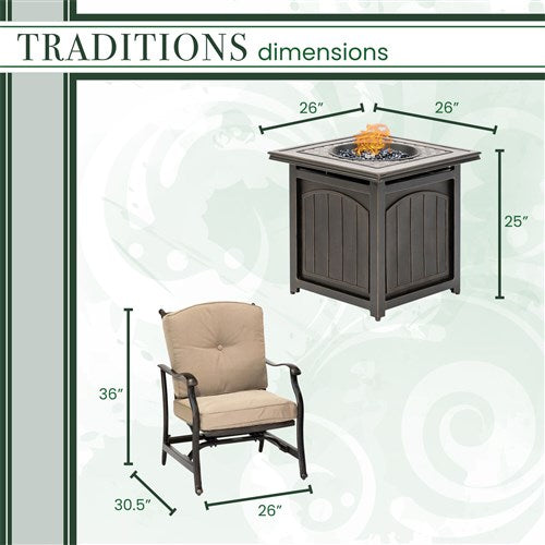 Hanover - Traditions 3pc: 2 Deep Seating Rockers and 26" Square Fire Pit - Tan/Bronze-United Backyard