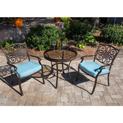 Hanover - Traditions 3pc: 2 Dining Chairs, 30" Round Glass Top Table - Blue/Glass-United Backyard