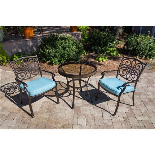 Hanover - Traditions 3pc: 2 Dining Chairs, 30" Round Glass Top Table - Blue/Glass-United Backyard