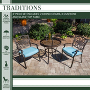 Hanover - Traditions 3pc: 2 Dining Chairs, 30" Round Glass Top Table - Blue/Glass-United Backyard
