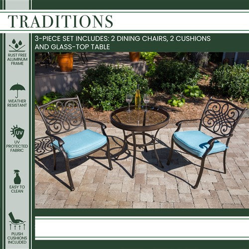 Hanover - Traditions 3pc: 2 Dining Chairs, 30" Round Glass Top Table - Blue/Glass-United Backyard