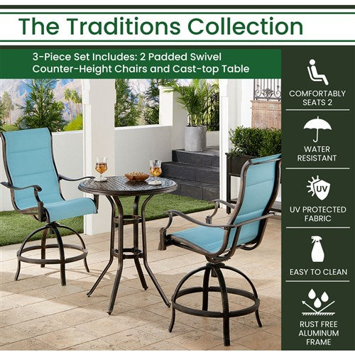 Hanover - Traditions 3pc: 2 Padded Swivel Counter Height Chairs, 30" Round Cast Table - Blue/Bronze-United Backyard