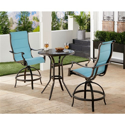 Hanover - Traditions 3pc: 2 Padded Swivel Counter Height Chairs, 30" Round Cast Table - Blue/Bronze-United Backyard