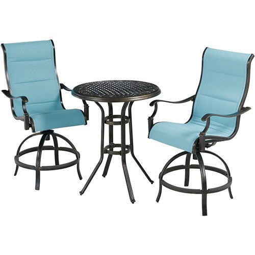 Hanover - Traditions 3pc: 2 Padded Swivel Counter Height Chairs, 30" Round Cast Table - Blue/Bronze-United Backyard