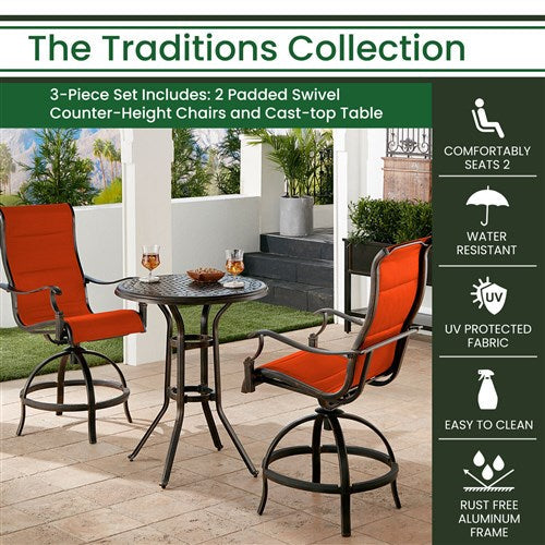 Hanover - Traditions 3pc: 2 Padded Swivel Counter Height Chairs, 30" Round Cast Table - Red/Bronze-United Backyard