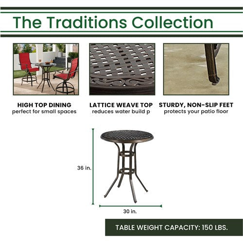 Hanover - Traditions 3pc: 2 Padded Swivel Counter Height Chairs, 30" Round Cast Table - Red/Bronze-United Backyard