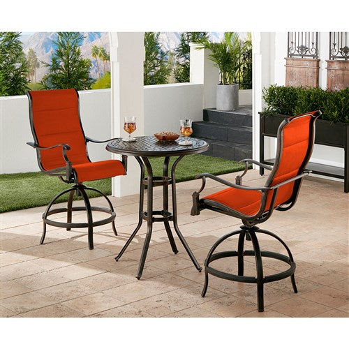 Hanover - Traditions 3pc: 2 Padded Swivel Counter Height Chairs, 30" Round Cast Table - Red/Bronze-United Backyard