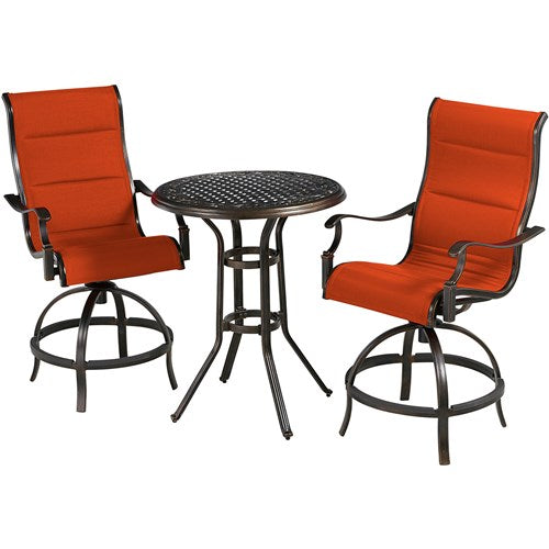 Hanover - Traditions 3pc: 2 Padded Swivel Counter Height Chairs, 30" Round Cast Table - Red/Bronze-United Backyard