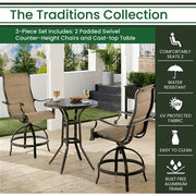 Hanover - Traditions 3pc: 2 Padded Swivel Counter Height Chairs, 30" Round Cast Table - Tan/Bronze-United Backyard