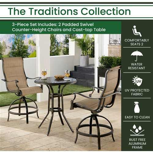 Hanover - Traditions 3pc: 2 Padded Swivel Counter Height Chairs, 30" Round Cast Table - Tan/Bronze-United Backyard