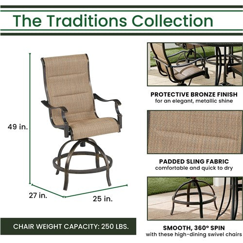 Hanover - Traditions 3pc: 2 Padded Swivel Counter Height Chairs, 30" Round Cast Table - Tan/Bronze-United Backyard