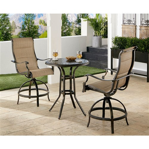 Hanover - Traditions 3pc: 2 Padded Swivel Counter Height Chairs, 30" Round Cast Table - Tan/Bronze-United Backyard