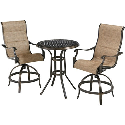 Hanover - Traditions 3pc: 2 Padded Swivel Counter Height Chairs, 30" Round Cast Table - Tan/Bronze-United Backyard