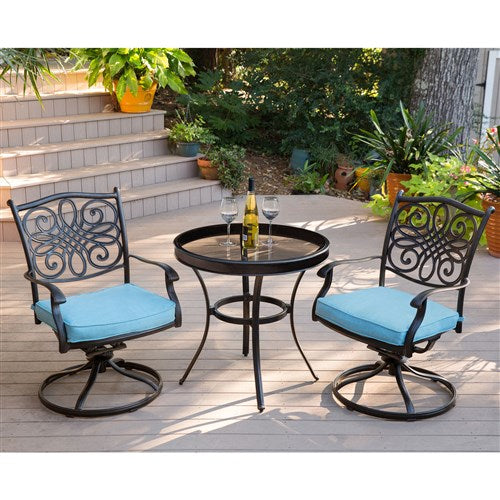 Hanover - Traditions 3pc: 2 Swivel Rockers, 30" Round Glass Top Table - Blue/Glass-United Backyard