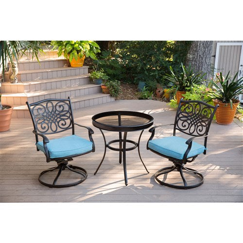 Hanover - Traditions 3pc: 2 Swivel Rockers, 30" Round Glass Top Table - Blue/Glass-United Backyard