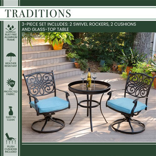 Hanover - Traditions 3pc: 2 Swivel Rockers, 30" Round Glass Top Table - Blue/Glass-United Backyard