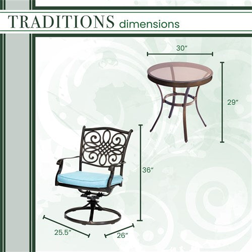 Hanover - Traditions 3pc: 2 Swivel Rockers, 30" Round Glass Top Table - Blue/Glass-United Backyard