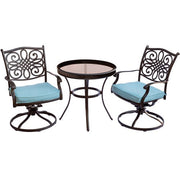 Hanover - Traditions 3pc: 2 Swivel Rockers, 30" Round Glass Top Table - Blue/Glass-United Backyard