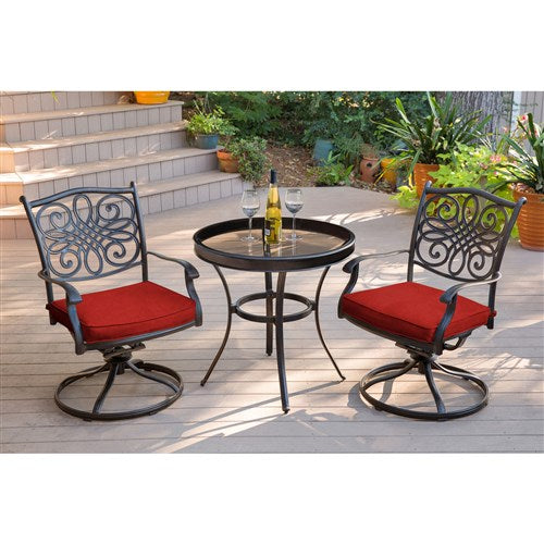 Hanover - Traditions 3pc: 2 Swivel Rockers, 30" Round Glass Top Table - Red/Glass-United Backyard