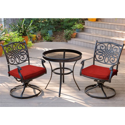 Hanover - Traditions 3pc: 2 Swivel Rockers, 30" Round Glass Top Table - Red/Glass-United Backyard