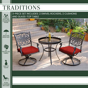 Hanover - Traditions 3pc: 2 Swivel Rockers, 30" Round Glass Top Table - Red/Glass-United Backyard