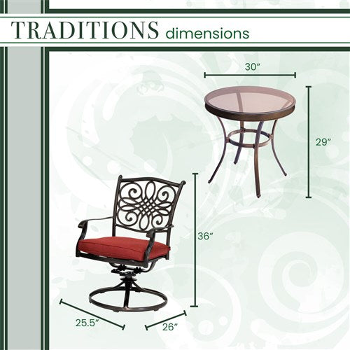 Hanover - Traditions 3pc: 2 Swivel Rockers, 30" Round Glass Top Table - Red/Glass-United Backyard