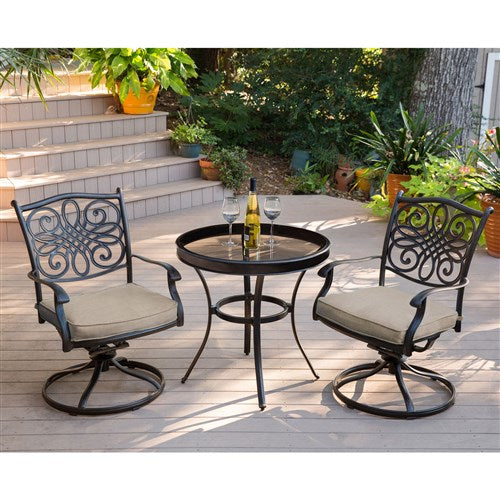 Hanover - Traditions 3pc: 2 Swivel Rockers, 30" Round Glass Top Table - Tan/Glass-United Backyard