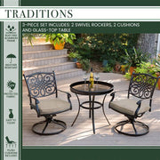 Hanover - Traditions 3pc: 2 Swivel Rockers, 30" Round Glass Top Table - Tan/Glass-United Backyard