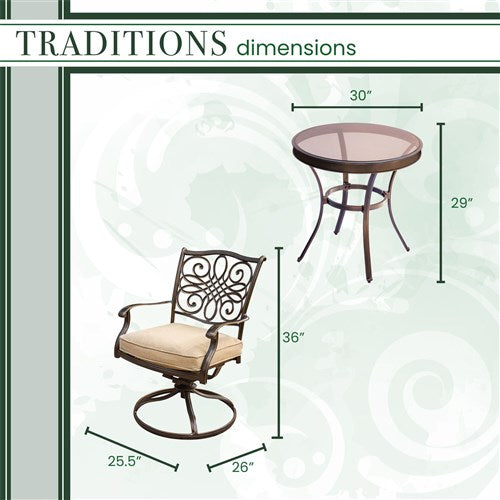 Hanover - Traditions 3pc: 2 Swivel Rockers, 30" Round Glass Top Table - Tan/Glass-United Backyard