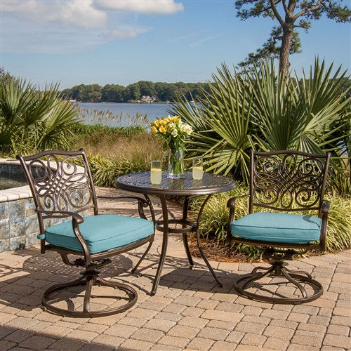 Hanover - Traditions 3pc: 2 Swivel Rockers, 32" Round Cast Table - Blue/Cast-United Backyard