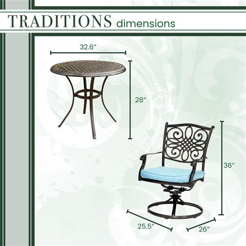 Hanover - Traditions 3pc: 2 Swivel Rockers, 32" Round Cast Table - Blue/Cast-United Backyard