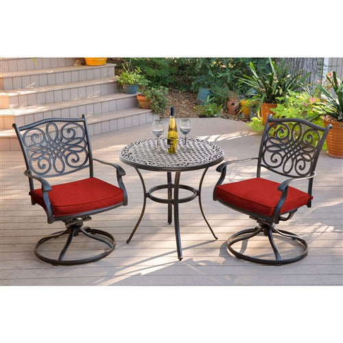 Hanover - Traditions 3pc: 2 Swivel Rockers, 32" Round Cast Table - Red/Cast-United Backyard