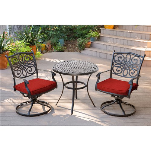 Hanover - Traditions 3pc: 2 Swivel Rockers, 32" Round Cast Table - Red/Cast-United Backyard