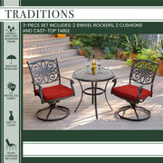 Hanover - Traditions 3pc: 2 Swivel Rockers, 32" Round Cast Table - Red/Cast-United Backyard