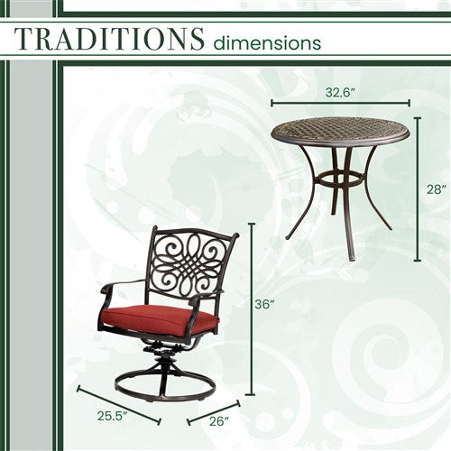 Hanover - Traditions 3pc: 2 Swivel Rockers, 32" Round Cast Table - Red/Cast-United Backyard