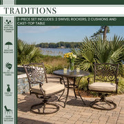 Hanover - Traditions 3pc: 2 Swivel Rockers, 32" Round Cast Table - Tan/Cast-United Backyard
