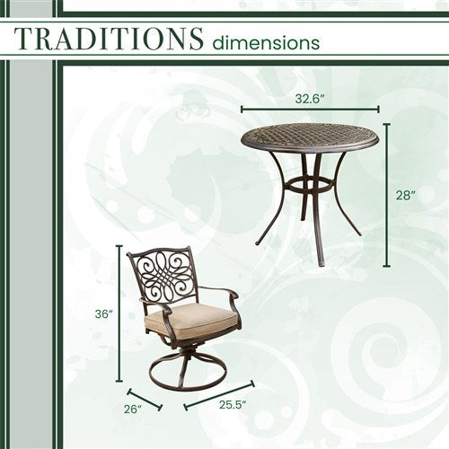 Hanover - Traditions 3pc: 2 Swivel Rockers, 32" Round Cast Table - Tan/Cast-United Backyard