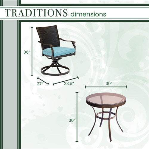 Hanover - Traditions 3pc: 2 Wicker Back Swivel Rockers, 30" Round Glass Table - Blue/Bronze-United Backyard