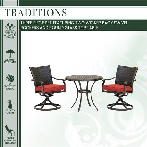 Hanover - Traditions 3pc: 2 Wicker Back Swivel Rockers, 30" Round Glass Table - Red/Bronze-United Backyard