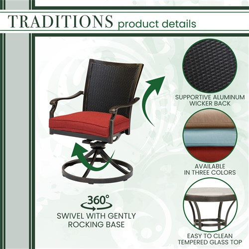 Hanover - Traditions 3pc: 2 Wicker Back Swivel Rockers, 30" Round Glass Table - Red/Bronze-United Backyard